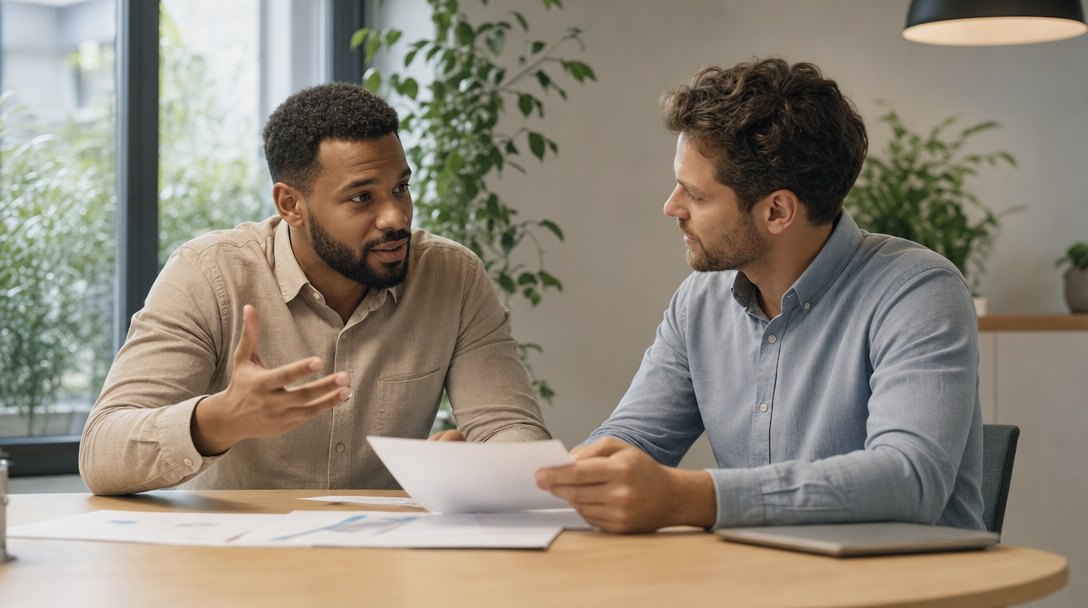 Two marketers at a table reviewing printed campaign reports and budget figures