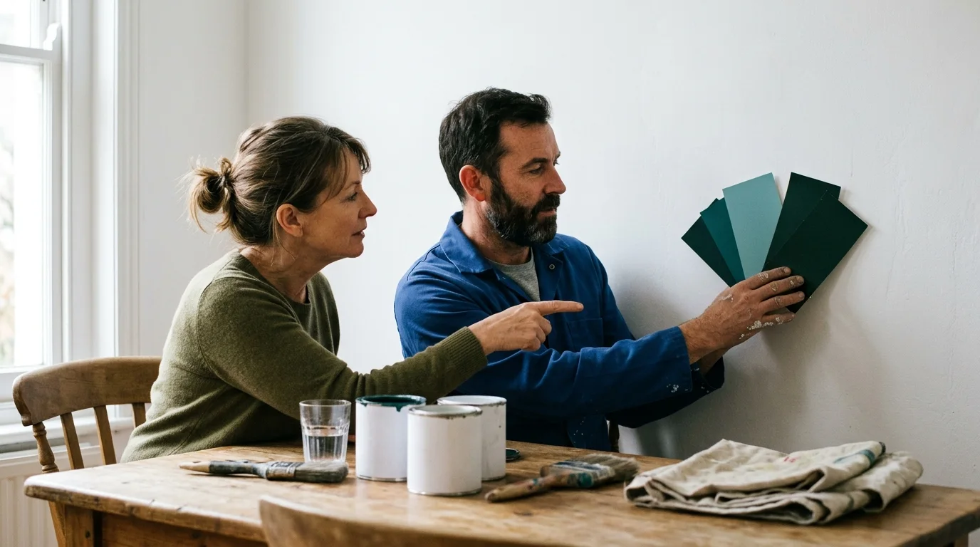 Painter holding green and teal swatch cards to a wall as a homeowner points
