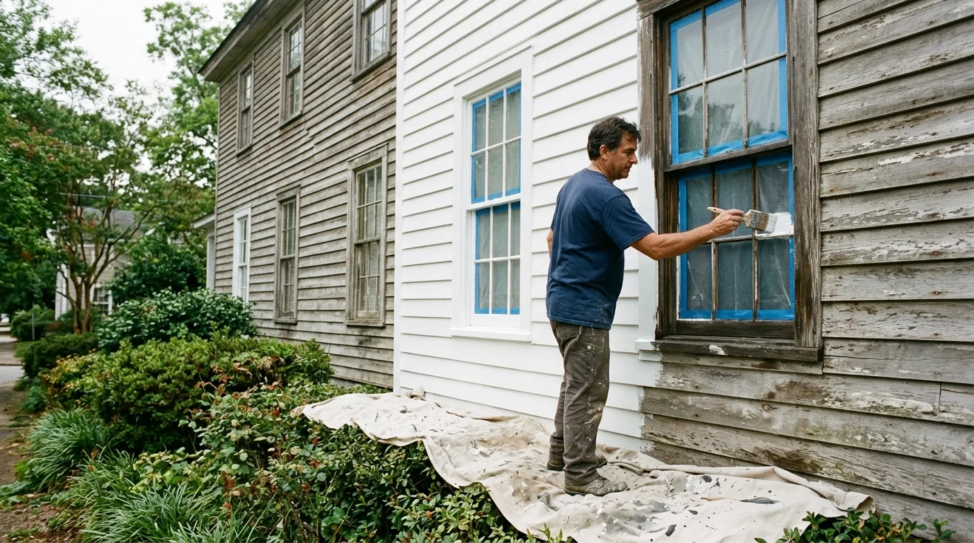 Painter brushing white paint onto the window trim of an older clapboard house