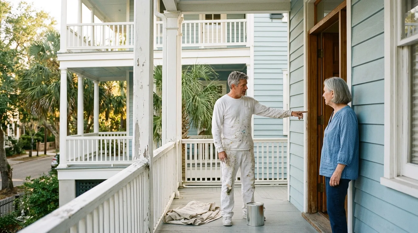 House painter pointing out worn porch trim to a homeowner on a Charleston-style piazza