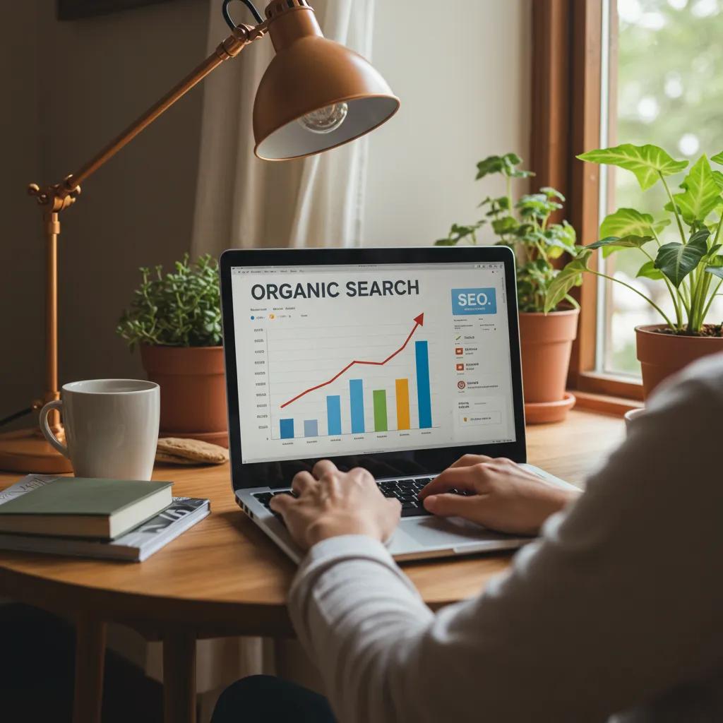 Marketer reviewing organic search growth metrics on a laptop in a home office