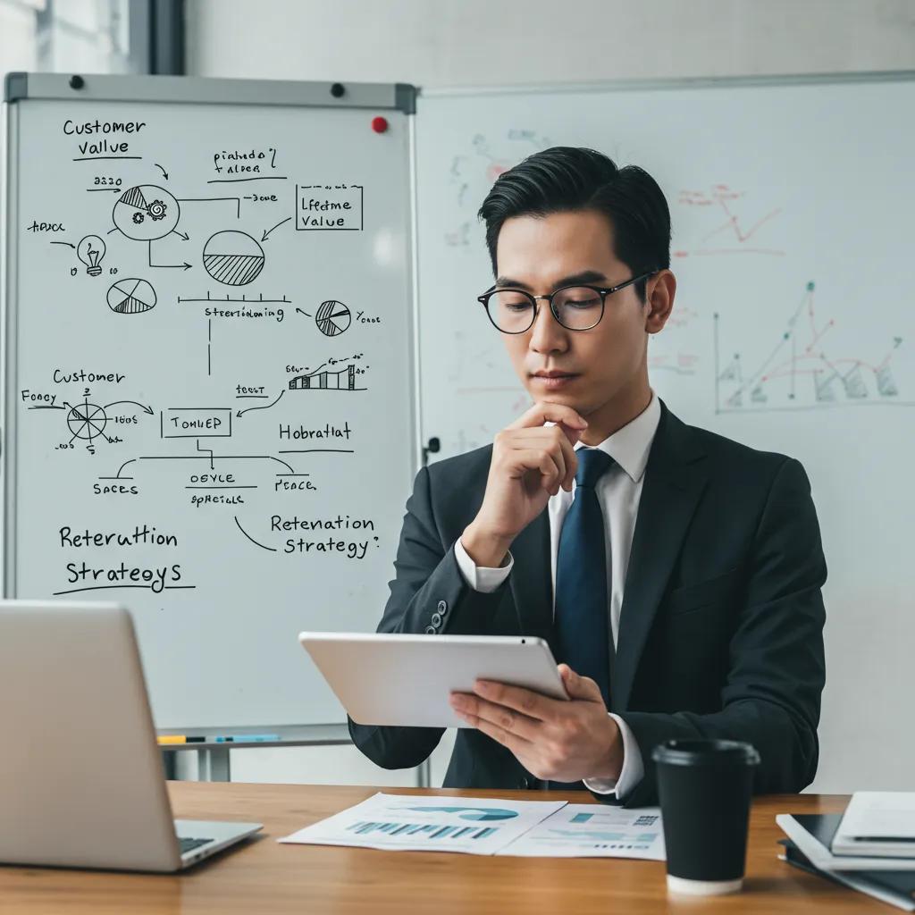 Marketer reviewing customer value metrics on a tablet beside a whiteboard