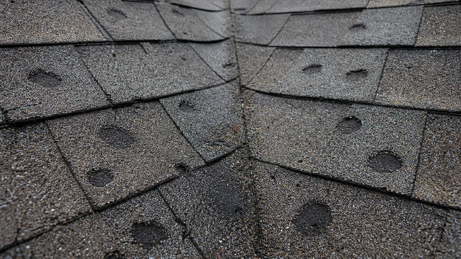 Close view of asphalt shingles with round hail impact marks and missing granules