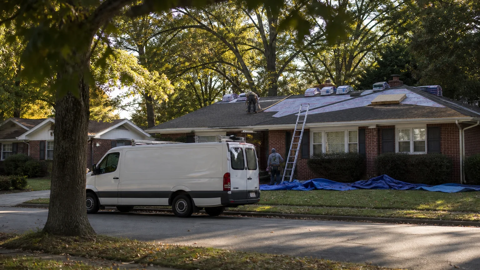 Unmarked work van and ladder at a brick ranch house mid roof replacement