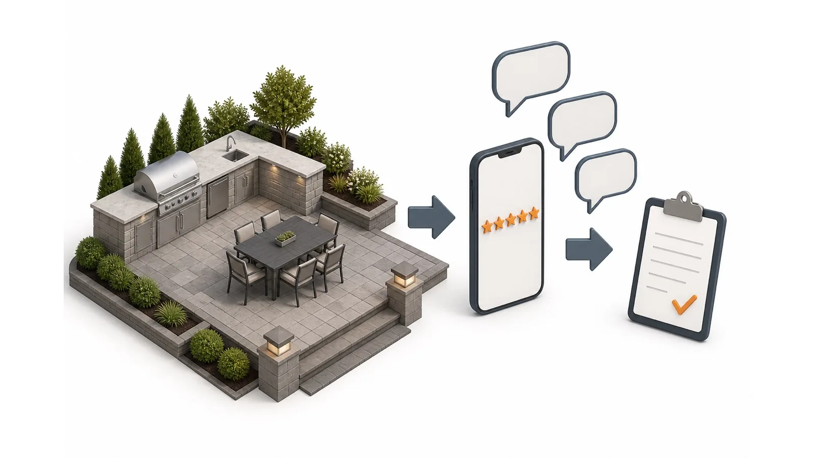 Isometric finished patio leading to a phone with star icons and a checklist