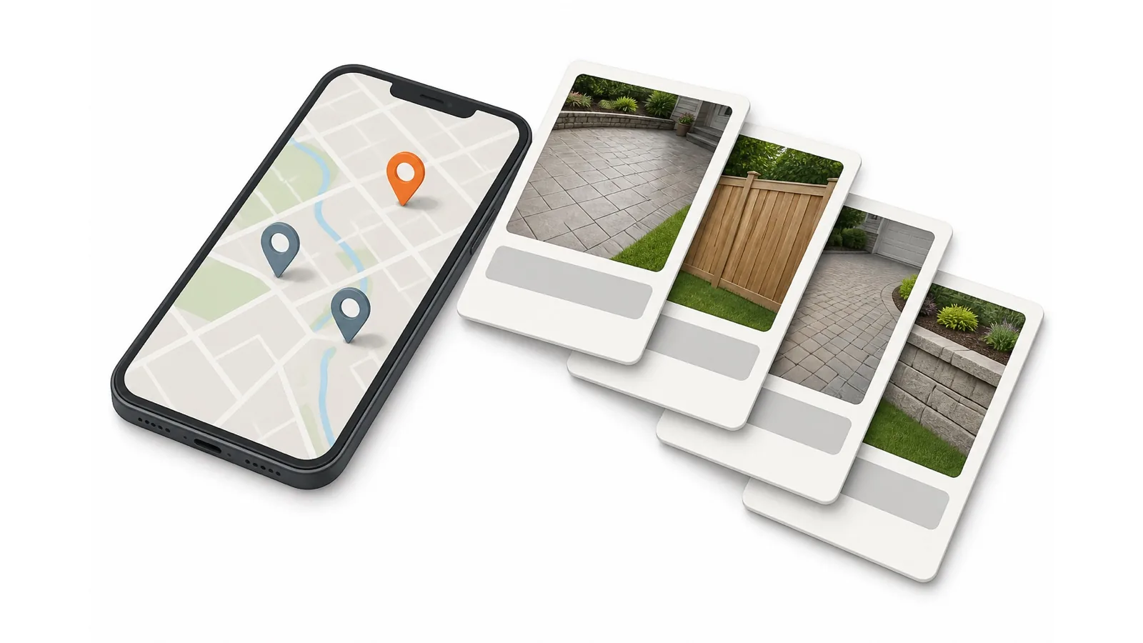 Isometric phone with map pins beside four page cards showing patio, fence, driveway, wall