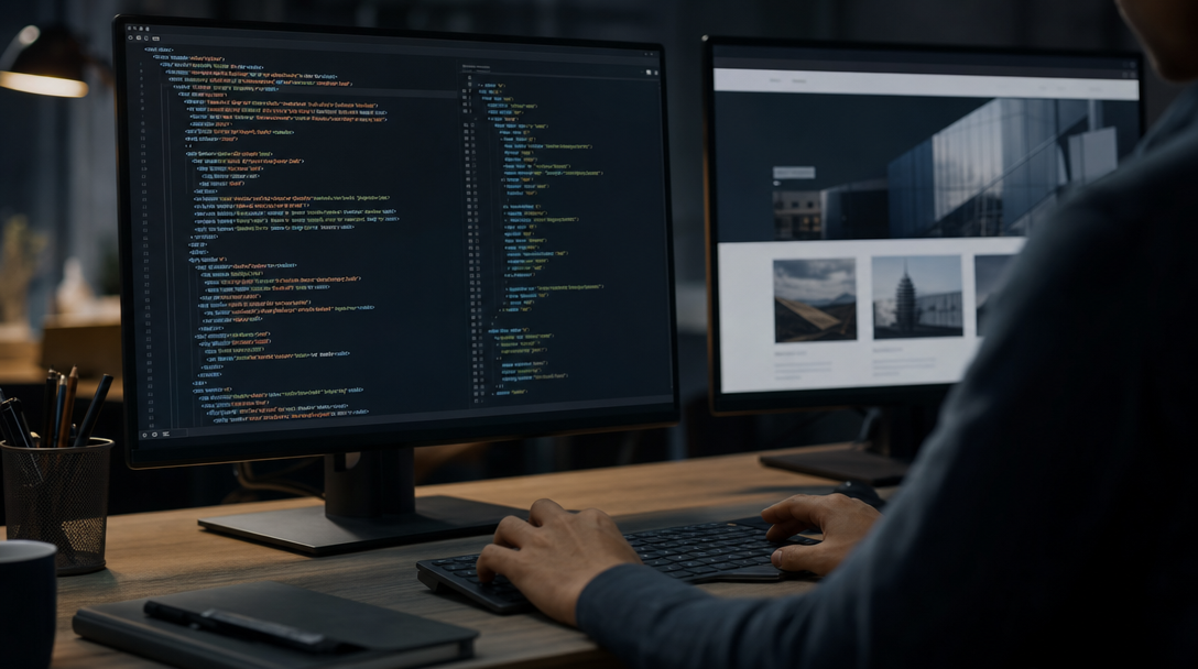 Developer at a two-monitor desk inspecting raw HTML source beside the rendered web page