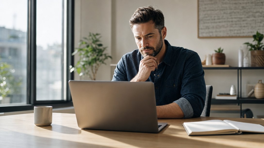 Small business owner at a desk reviewing advertising performance on a laptop