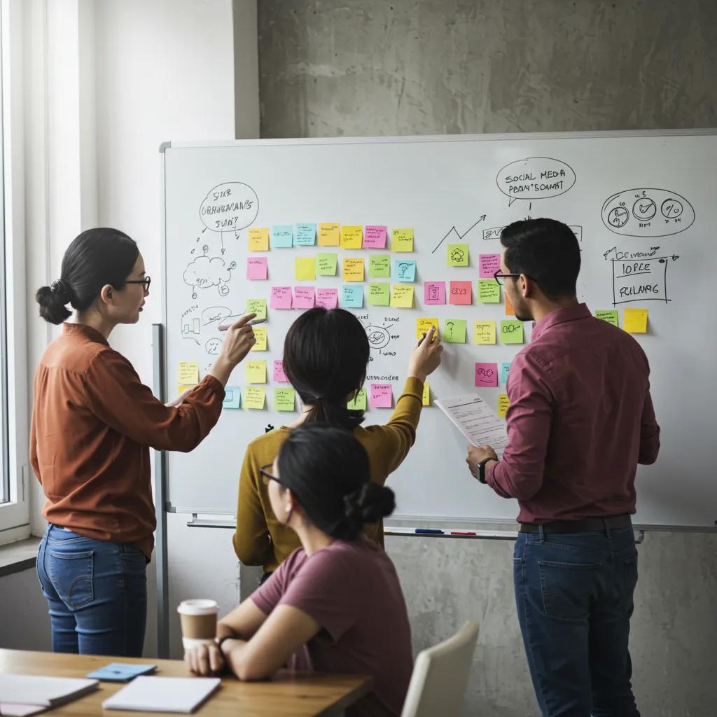 Small business team brainstorming social media content ideas in a modern office