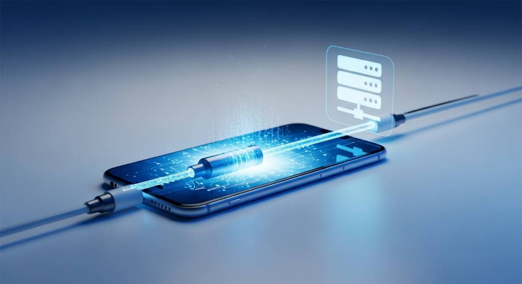 Smartphone connected to a server icon via a glowing fiber optic cable representing high-speed mobile data and low latency