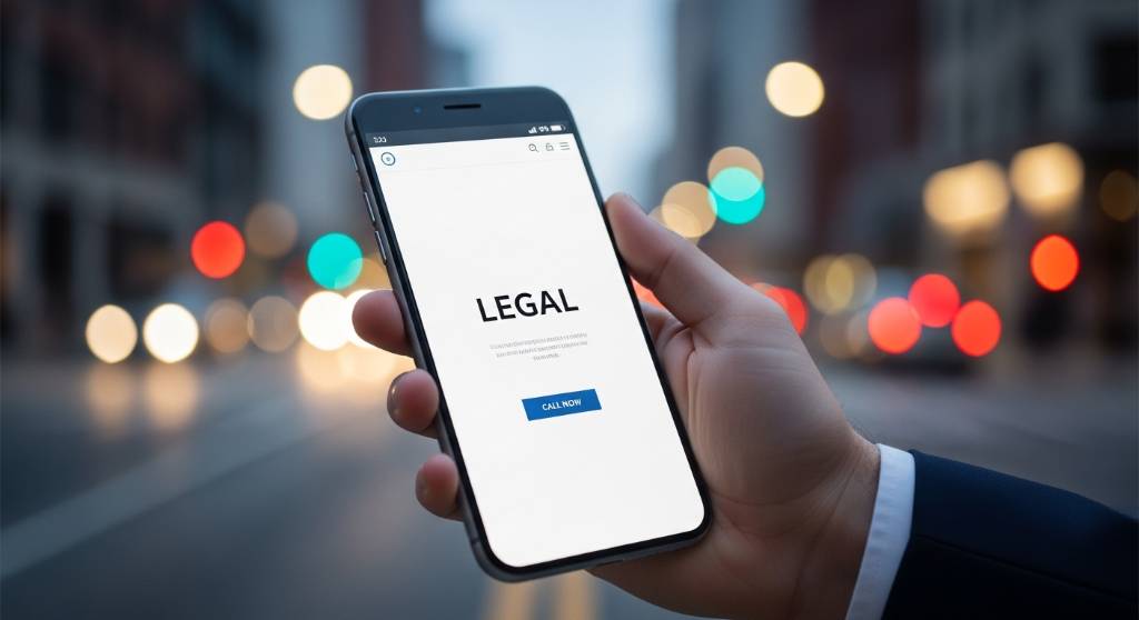 Smartphone displaying a minimalist legal website with a prominent Call Now button for immediate attorney assistance