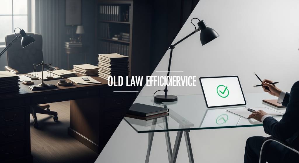 Split-screen comparison of a cluttered traditional law office desk beside a clean modern digital legal workspace.