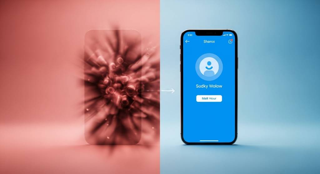 Split-screen concept contrasting a chaotic, blurry red background representing anxiety with a crisp, calming blue mobile app interface
