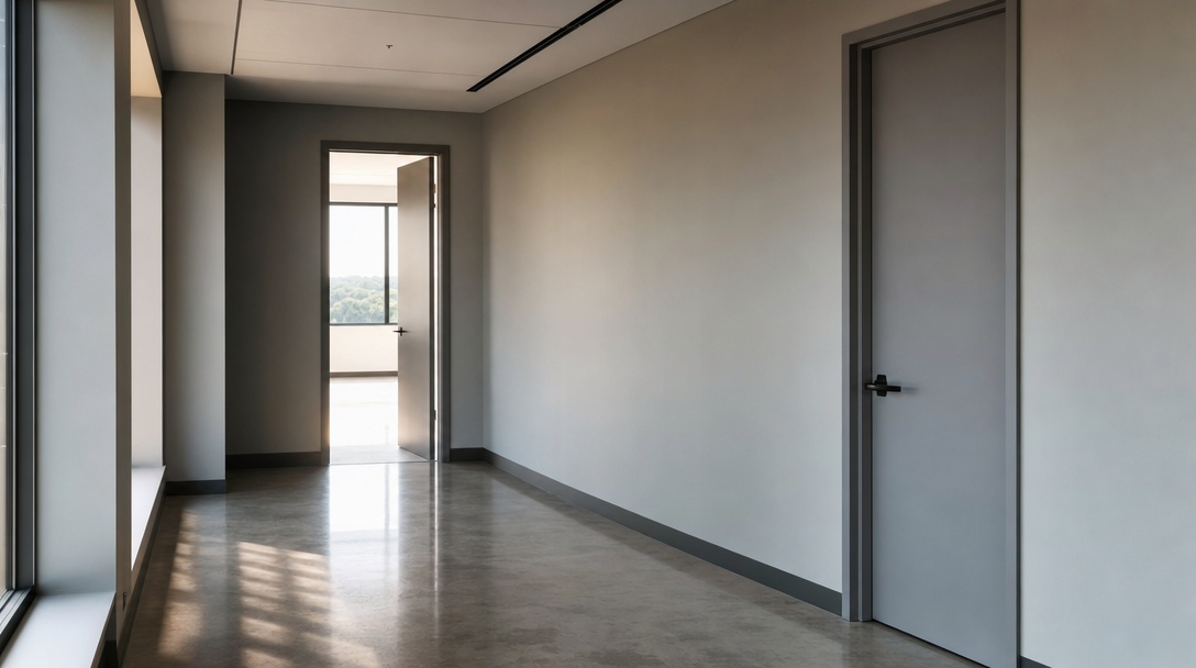 Empty office corridor with one open doorway to daylight, one closed door