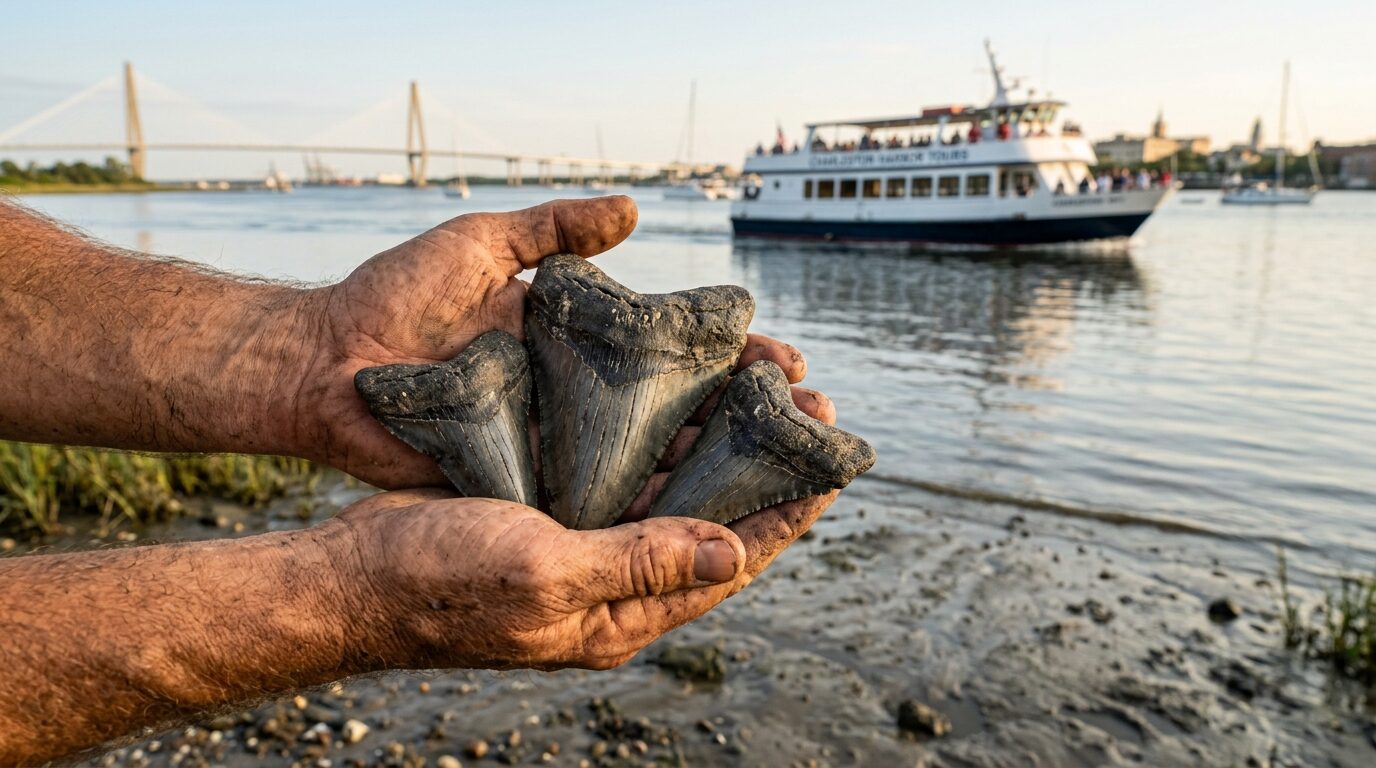 Hands holding fossilized Megalodon shark teeth with a Charleston harbor tour boat behind, Charleston Shark Teeth Hunting