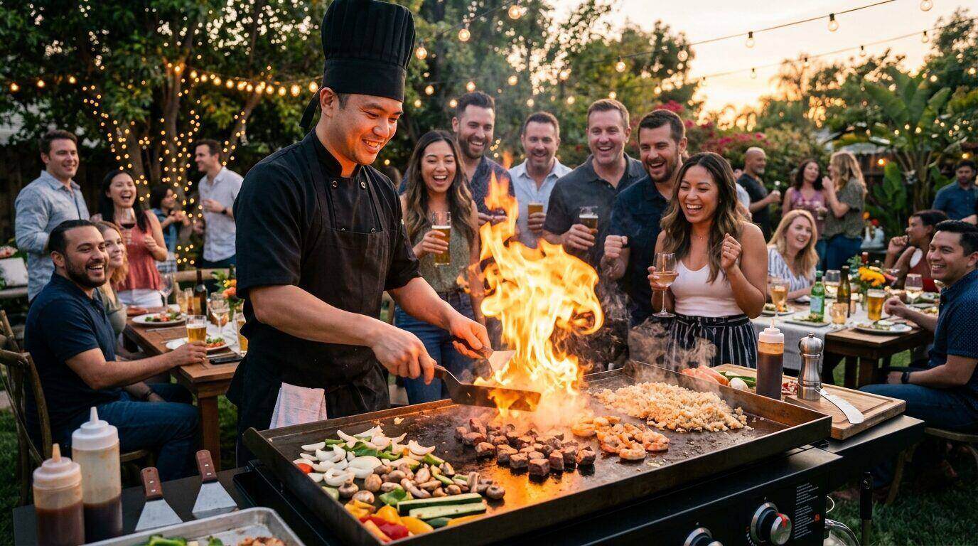 Private hibachi chef cooking on a portable grill at a backyard party, Letshibachi