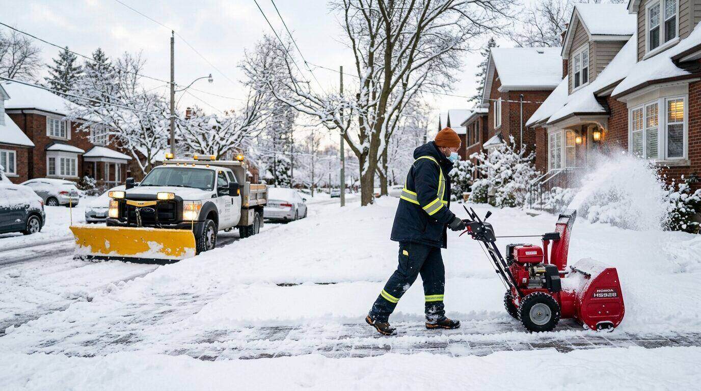 Worker clearing a snowy Toronto driveway with a snow blower in winter, Blizzard Wizard